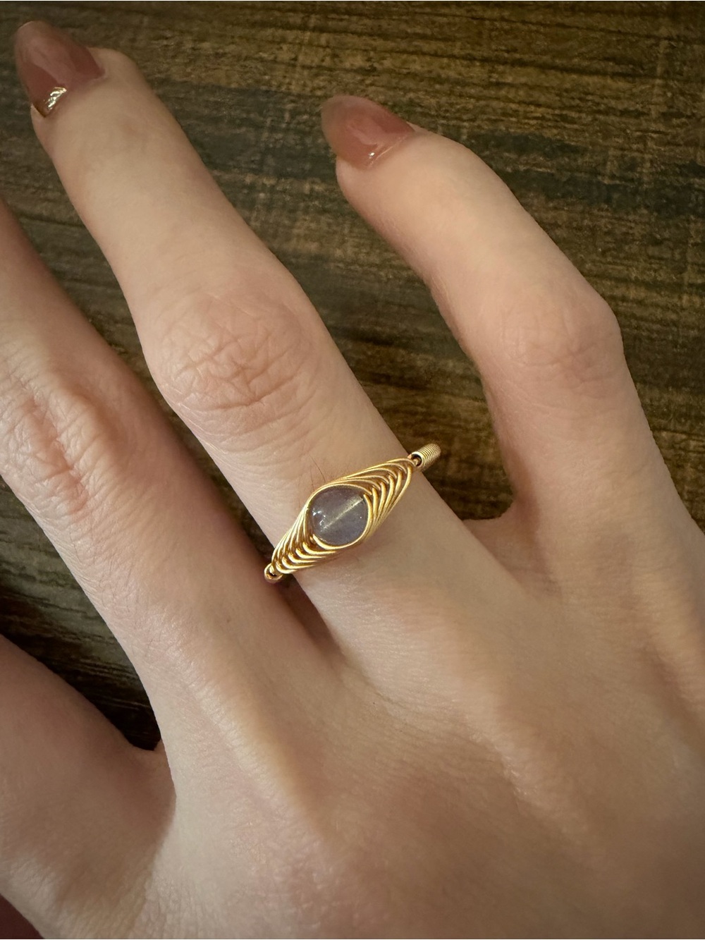 NEW 14kt evil eye gold filled natural laboradorite ring, wire wrapped adjustable - Picture 2 of 3